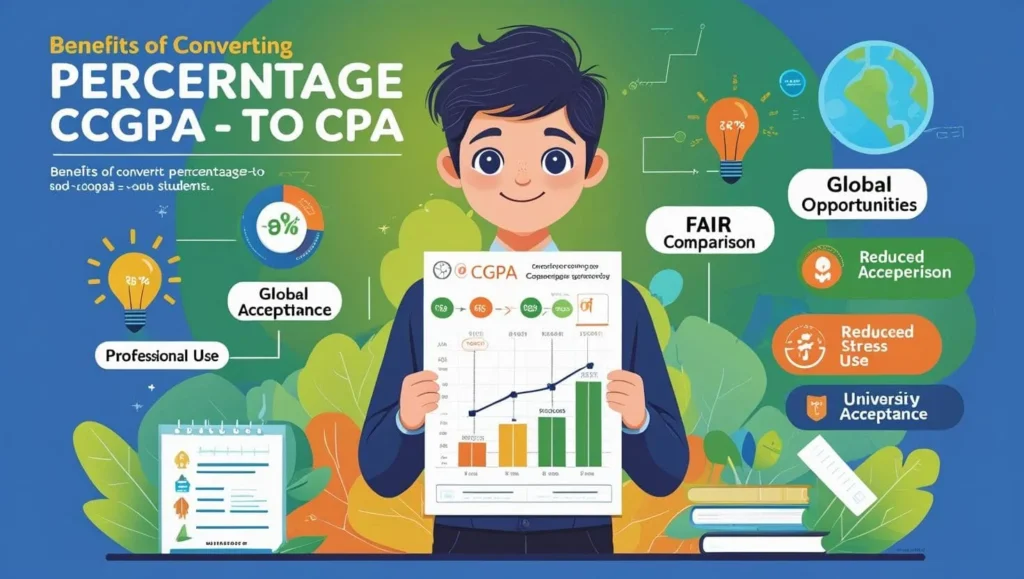 Percentage to CGPA Calculator 2 Student holding up a poster with the benefits of converting percentage to cgpa