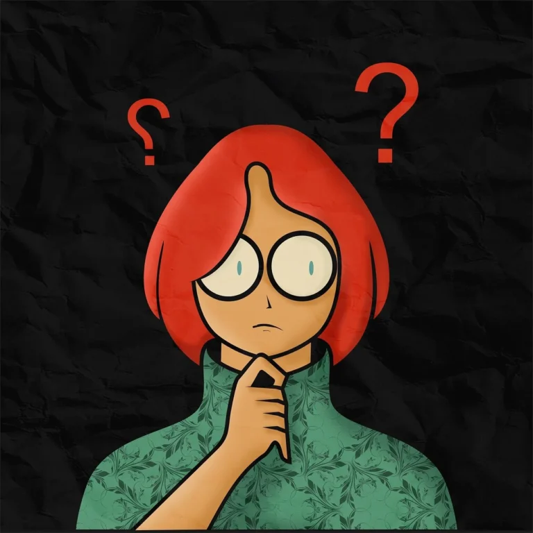Confused cartoon woman with red hair thinking with question marks above her head on dark background