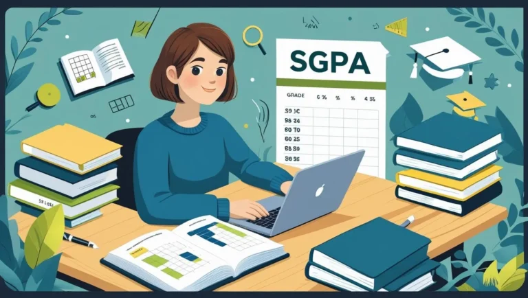 A student sitting at a desk with books and a laptop, looking at a report card showing grades and numbers