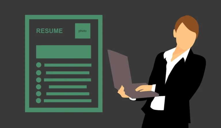 Illustration of a professional reviewing a resume on a laptop, with a CV template layout on display